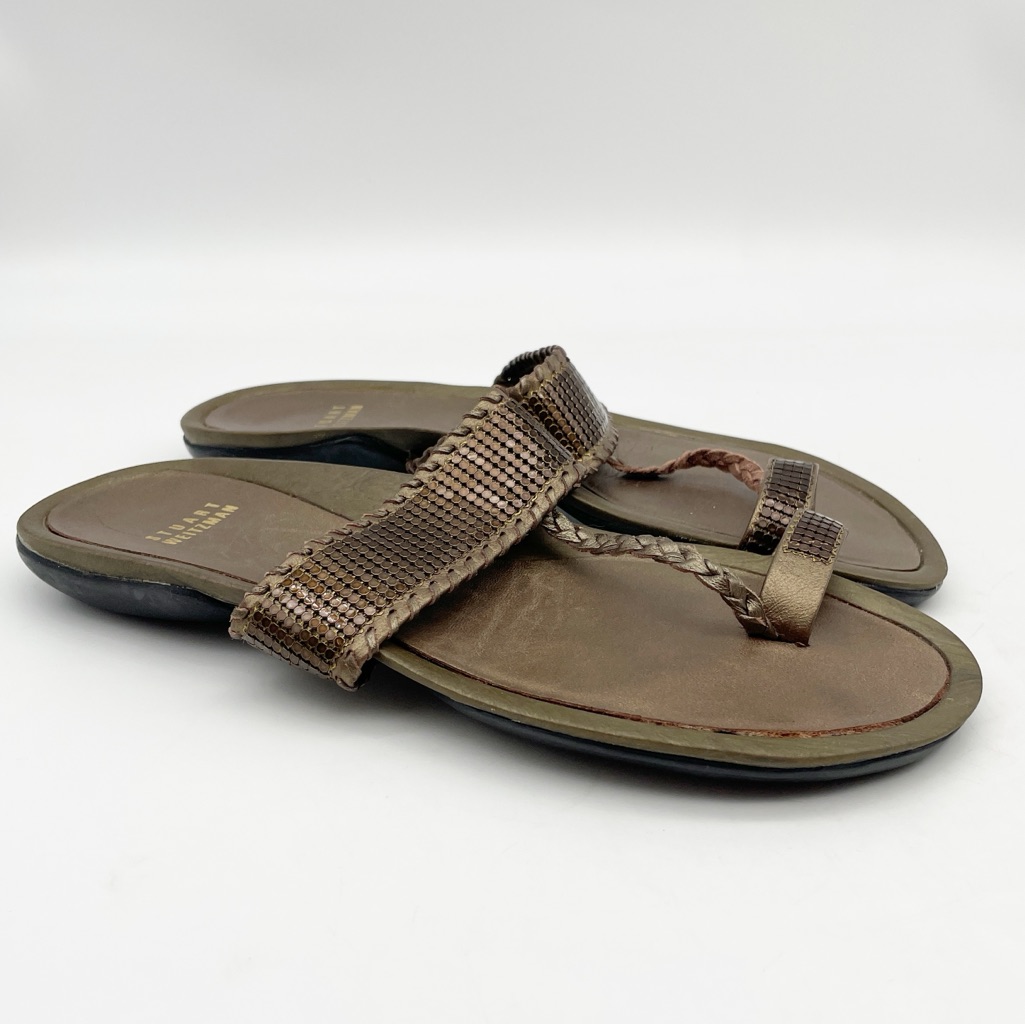 Stuart Weitzman Bronze Flat Metal Stud Braided Thong Toe Strap Sandal.